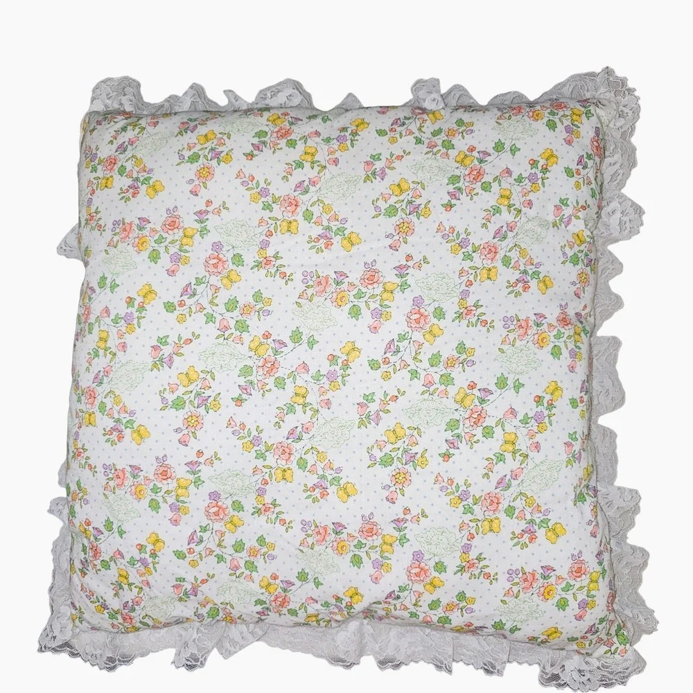 80s Cabbage Patch Kids Lace Trim Throw Pillow Handmade Floral Rainbow Cottage
